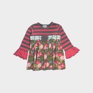 Three Sisters Flare Cuffs Floral Stripe Mixed Print Dress